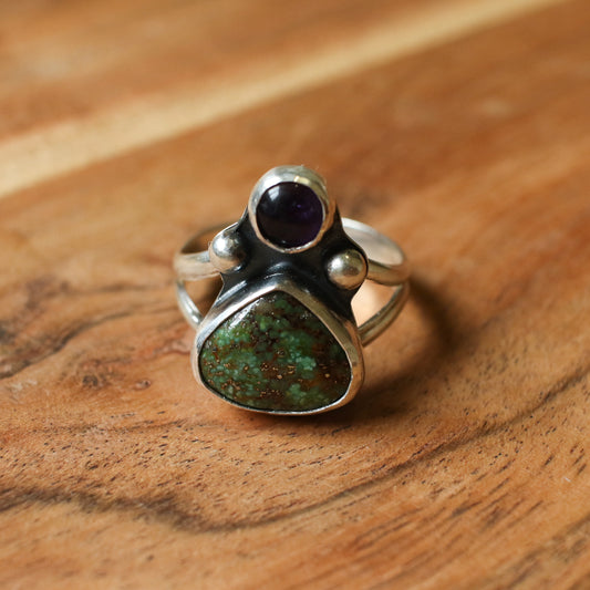 Amethyst & Sonoran Turquoise Burst Statement Ring - Size 8.5