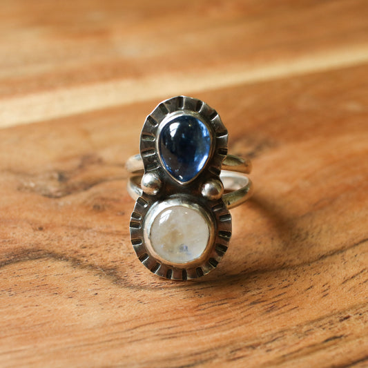 Kyanite & Moonstone Burst Statement Ring - Size 8.5