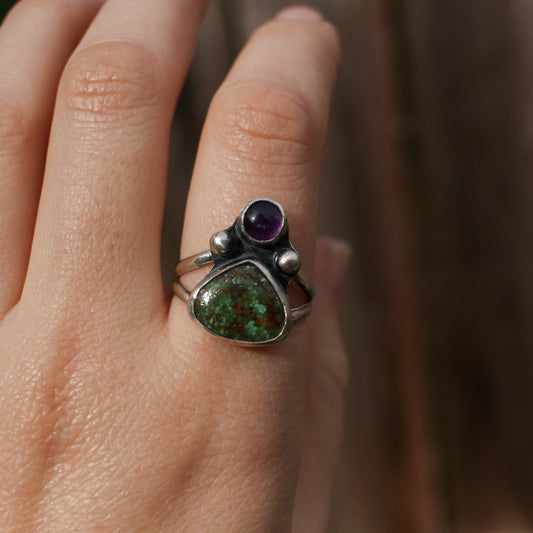 Amethyst &  Sonoran Turquoise Burst Statement Ring - Size 8.5