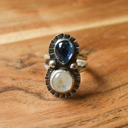 Kyanite &  Moonstone Burst Statement Ring - Size 8.5