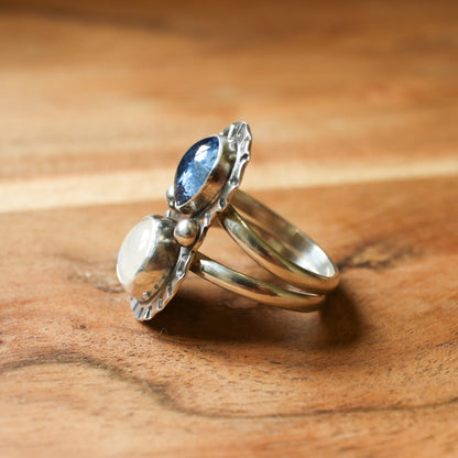 Kyanite &  Moonstone Burst Statement Ring - Size 8.5