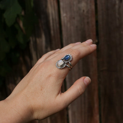 Kyanite &  Moonstone Burst Statement Ring - Size 8.5